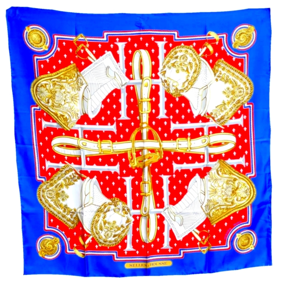HERMES Carre 90 SELLES A HOUSSE Scarf Silk White Red blue - Picture 8 of 8